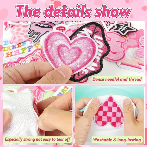 Miniatura 2 de NICEVINYL Parches bordados Preppy para planchar: 35 unidades de parches bordados de color rosa para coser en la ropa