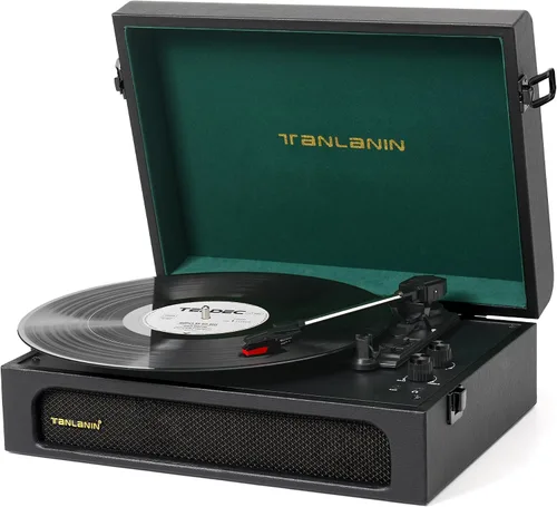 Reproductor de Discos de Vinilo con Altavoces Integrados, Control de Graves/Agudos, Vintage, Portátil, Bluetooth, Tocadiscos, Negro y Verde (Patrón