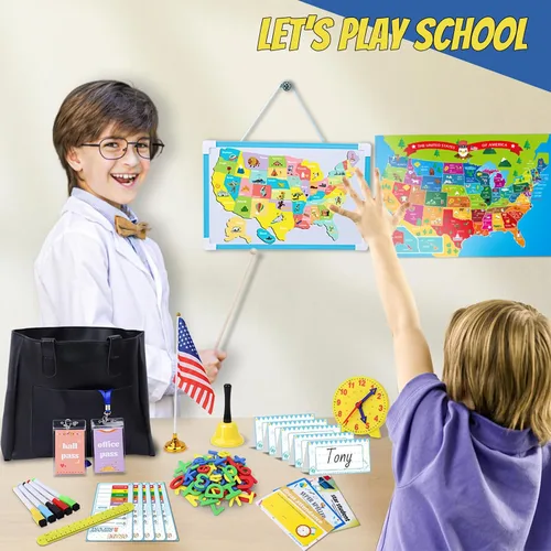 Miniatura 5 de Juegos de simulación escolar de Gifts2U para niños - Con bolsa de maestra, pizarra, reloj educativo, carteles educativos y suministros de juguetes