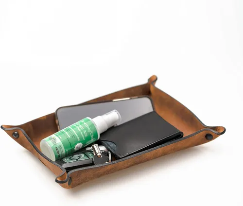 Miniatura 11 de Main Street Forge Bandeja de valet de cuero para hombre, organizador rústico EDC para llaves, teléfono y cartera, fabricado en Estados Unidos