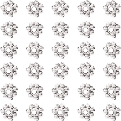 Miniatura 5 de Fashewelry 1000 cuentas espaciadoras de flores de margarita de plata antigua, de 4 a 0.177 in, copos de nieve tibetanos, flores de invierno, cuentas
