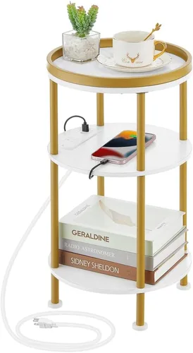 Miniatura 11 de Mesa auxiliar redonda pequeña con estación de carga para espacios pequeños, mesa decorativa de 3 niveles con puertos USB y tomas de corriente, mesa