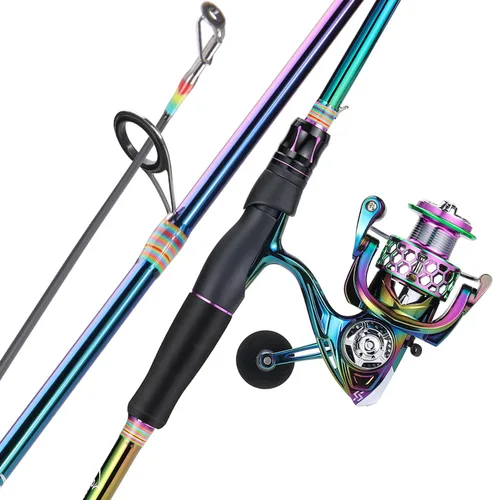 Sougayilang Combo de caña de pescar giratoria, dos piezas de caña de pescar colorida Poratble de peso ligero con potente equipo de pesca para agua