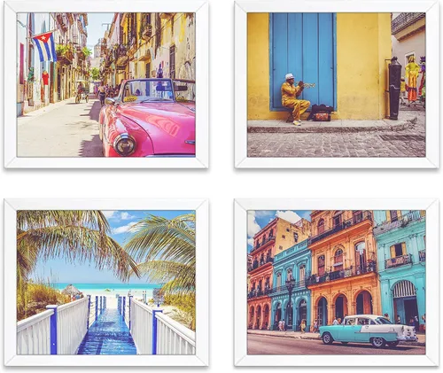 Póster de fotografía vintage vibrante de Cuba, juego de 4, sin marco, autos antiguos, músico, decoración artística costera de playa, 8 x 10 pulgadas