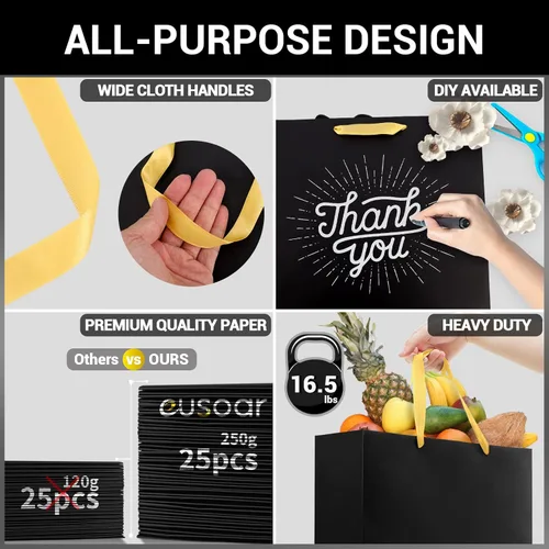 Miniatura 3 de EUSOAR Bolsas grandes de compras negras con asas doradas, paquete de 25 bolsas de regalo de 12.5 x 4.5 x 11 pulgadas, asas a granel, bolsas de Asas