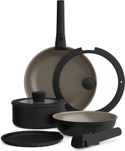 BELLA - Juego de 8 piezas de ollas y sartenes con mangos extraíbles, cocina Fits-anywhere™ con recubrimiento antiadherente EverGood™ de cerámica,