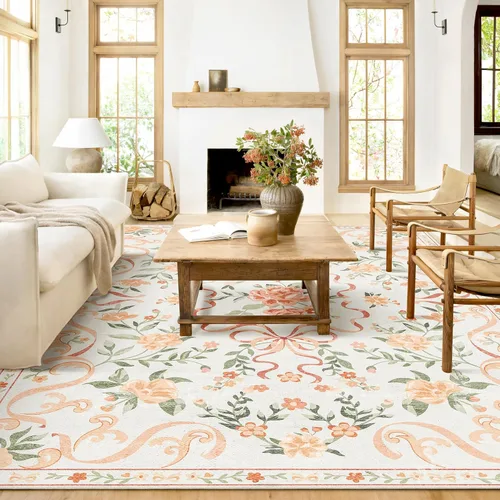 Miniatura 40 de Alfombra de área de 5 x 7 pies para sala de estar, alfombra verde boho antideslizante lavable, alfombra vintage de pelo bajo, alfombra grande