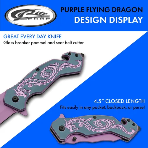 Miniatura 4 de SZCO 7.75" Cuchillo plegable de utilidad de rescate con apertura asistida Flying Dragon (Morado)