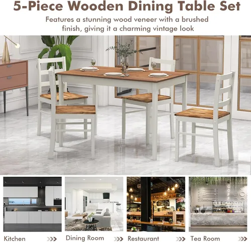 Miniatura 7 de COSTWAY Juego de mesa de comedor para 4, sillas de mesa de cocina de madera con patas de madera de goma, diseño que ahorra espacio, moderno juego
