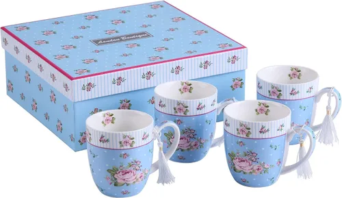 Miniatura 12 de London Boutique Juego de tazas de café de té, 4 porcelana, pájaro, rosa, mariposa, diseño Shabby Chic en caja de regalo, 11 oz
