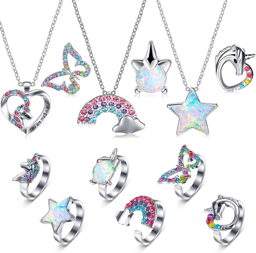 Juego de 12 collares y anillos para niñas, joyería de mariposa, gato, estrella, unicornio, collar y anillo, accesorios coloridos de unicornio