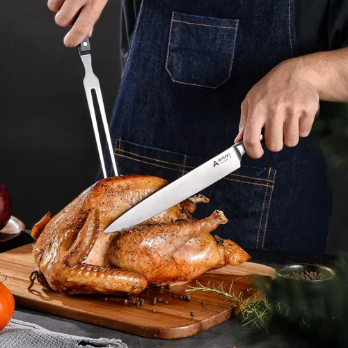 Miniatura 6 de Juego de Trinchar Pavo, Mango Ergonómico de Espiga Completa Cuchillo y Tenedor de Trinchar, Herramientas de Cocina de Acero Inoxidable Alemán