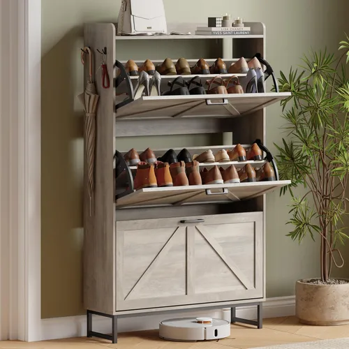 Miniatura 13 de Gabinete para Zapatos con 2 Cajones Abatibles, Organizador Independiente Oculto para Almacenamiento de Zapatos para Entrada, Gabinete Estrecho