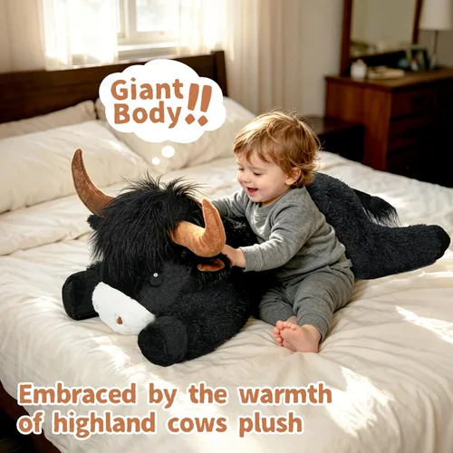 Miniatura 3 de Peluche de vaca gigante de las tierras altas de 39 pulgadas, juguete de peluche de ganado grande para niños y adultos, almohada de peluche esponjosa