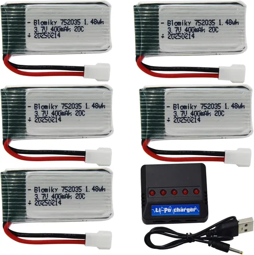 Blomiky Paquete de 5 baterías de 3.7 V 400 mAh 25C Li-PO MX2.0 y cargador de asiento 4 en 1 para SYMA TR-F22 H31 Q11 H6C H99W H98 TR-C385 TR-P51 RC