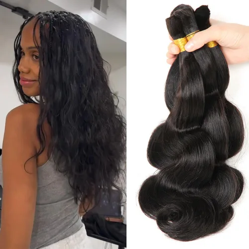 Cabello humano ondulado a granel, 4 paquetes (7.05 oz) negro natural, 16, 18, 20, 22 pulgadas, sin trama, para caja sin costuras y trenzas bohemias