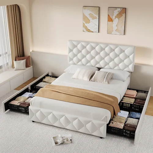 Miniatura 10 de IDEALHOUSE Base de cama de tamaño matrimonial con 4 cajones de almacenamiento y cabecera ajustable, camas de plataforma tapizadas con tapizado