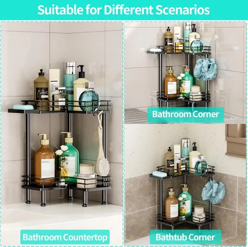 Miniatura 5 de HapiRm Organizador de ducha esquinero de pie, organizador de ducha de 2 niveles con soporte para jabón, organizador de pie de baño a prueba de óxido