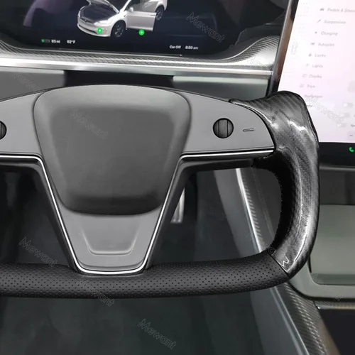 Miniatura 4 de MEWANT Funda para volante de cuero PU cosida a mano y fibra de carbono brillante para Tesla Yoke Modelo S Plaid 2021-2023 / Modelo X 2021-2023 7