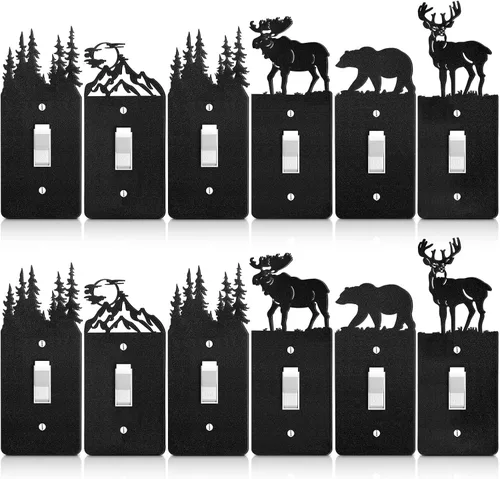 Miniatura 8 de Kingdder 12 piezas de metal para interruptor de luz de oso, alce, árbol, montaña, alce, placa de interruptor de luz negra, cubierta de pared