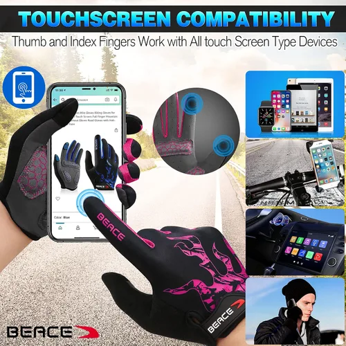 Miniatura 35 de BEACE Guantes de ciclismo para hombres y mujeres, guantes de ciclismo de montaña con pantalla táctil y palma de silicona antideslizante, guantes