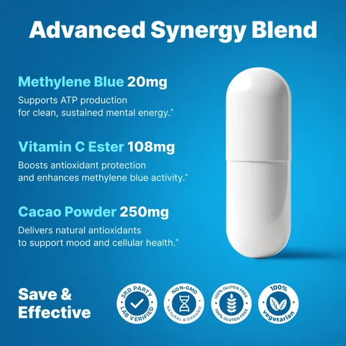 Miniatura 3 de Ultimate Methylene Blue Cápsulas para humanos 20 mg – Combustible de enfoque y vitaminas de memoria Grado farmacéutico de metileno azul 2%