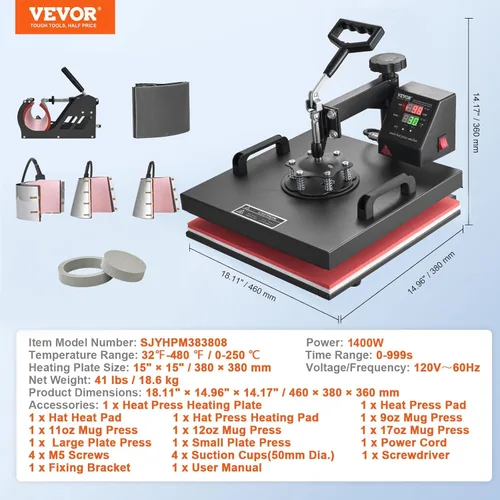 Miniatura 7 de VEVOR - Máquina de prensa de calor 8 en 1 Combo Prensa de calor de 15x15 pulgadas Máquina de transferencia de calor Prensa digital giratoria de 360