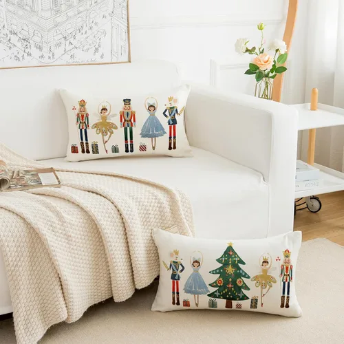 Miniatura 5 de Juego de 2 fundas de almohada de Feliz Navidad de 12 x 20 pulgadas, fundas de almohada de cascanueces de Navidad, fundas de cojín de invierno