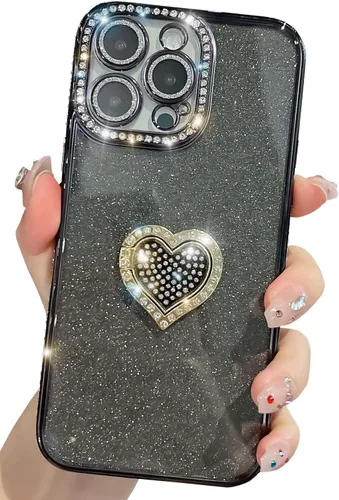 Miniatura 12 de Bonita funda compatible con iPhone 13 Pro de 6.1 pulgadas, diamantes brillantes + fundas de tarjetas con purpurina con soporte de corazón de amor
