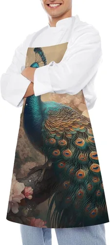 Miniatura 4 de MUSM Apron for Adults - 27.6 X 31.5 Inch, Heavy-Duty Polyester Aprons with Two Large Pockets, Waterproof Oriental Peacock Pattern Kitchen Apron for