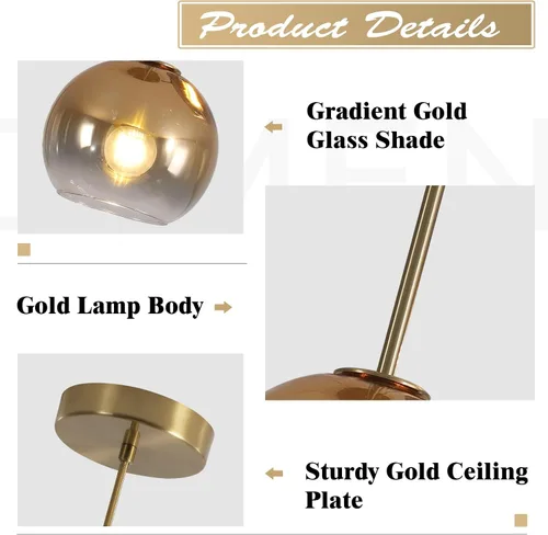 Miniatura 3 de KCO Iluminación de globo de vidrio colgante lámpara moderna de oro luces colgantes isla de cocina comedor de mediados de siglo lámparas colgantes