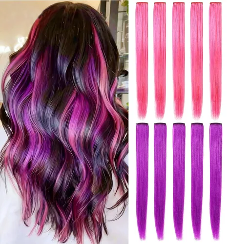 Miniatura 13 de Extensiones de cabello con clip de colores, 8 piezas de cabello sintético liso con reflejos azules y verde azulado