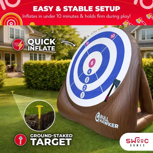 Miniatura 3 de Swooc Games - Bull Hawker Dardos de hacha gigante con más de 15 juegos Juego de lanzamiento de hachas para patio trasero con bomba de aire