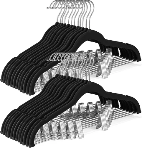 Miniatura 10 de SONGMICS Paquete de 20 perchas para pantalones, perchas de terciopelo de 16.7 pulgadas de largo con clips ajustables, perchas resistentes