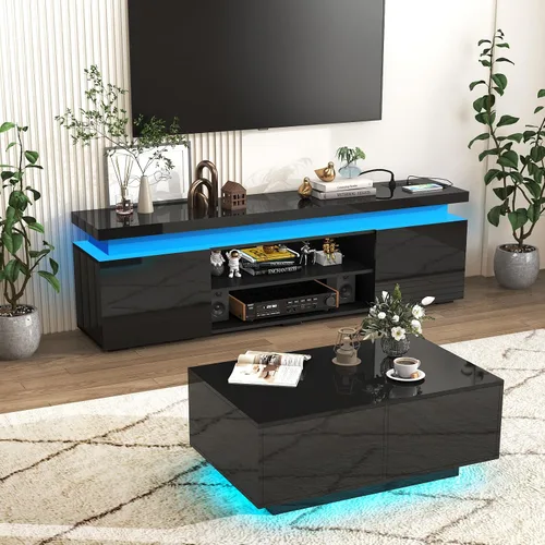 Miniatura 9 de Hlivelood Soporte de TV LED para TV de 75 pulgadas, moderno soporte de TV con toma de corriente, consola de TV de alto brillo con almacenamiento