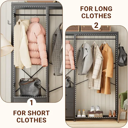 Miniatura 6 de Lulive - Perchero de ropa, estante resistente para colgar ropa, estantes industriales para ropa con 2 cajones de tela, 4 ganchos, 2 varillas