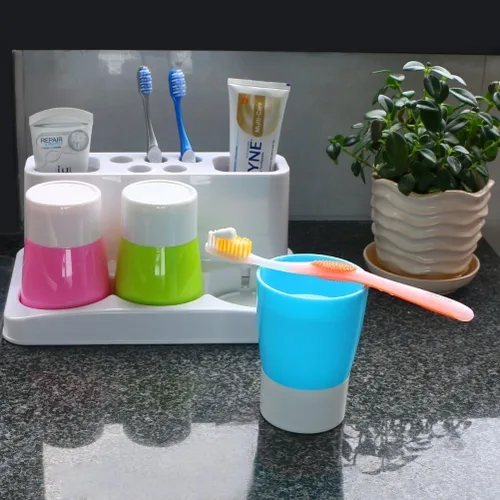 Miniatura 3 de Soporte para cepillo de dientes de 5 agujeros, soporte para pasta de dientes, organizador de baño con 3 tazas de enjuague para conjunto familiar