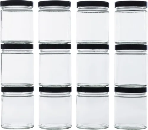 North Mountain Supply Tarros de conservas de vidrio transparente de 9 onzas con tapas de plástico negro de 2.756 in, caja de 12