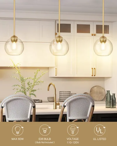 Miniatura 2 de Emak Luces colgantes modernas de globo de 7 pulgadas, lámparas colgantes industriales doradas, luces colgantes de 1 luz con pantalla de vidrio Oro