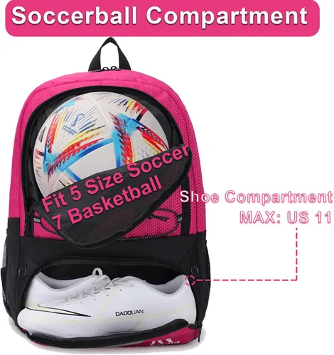 Miniatura 3 de Hsmihair - Bolsa de fútbol - Mochila de fútbol y mochila para fútbol, voleibol y baloncesto, con compartimento para pelota y tacos separados Rosa