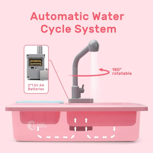 Miniatura 3 de CUTE STONE - Juguetes de fregadero de cocina con cambio de color, lavavajillas eléctrico para niños con agua corriente, grifo real actualizado