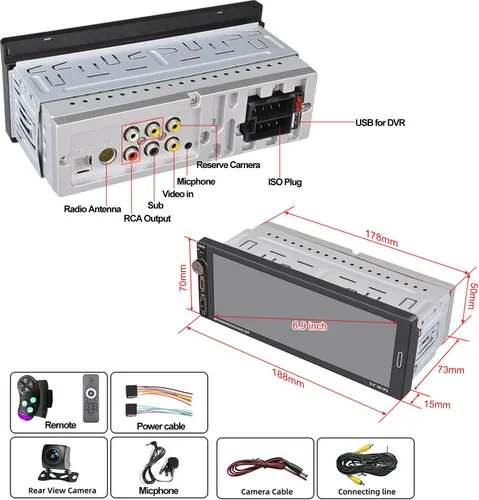 Miniatura 8 de Radio de pantalla táctil para automóvil de un solo DIN (6.9 pulgadas) compatible con Apple CarPlay [Inalámbrico] Android Auto estéreo para automóvil