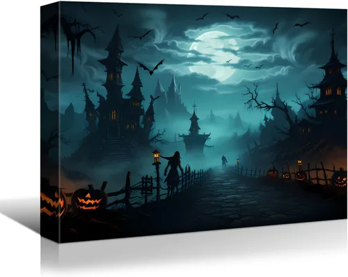 Miniatura 10 de YONICA Lienzo decorativo de Halloween para pared de sala de estar, decoración del hogar, árbol de Halloween y luna llena sobre lienzo, obra de arte