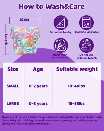 Miniatura 46 de Alva, Pañales de bebé para nadar, paquete de 2 unidades, talle único, reutilizable, lavable y ajustable de 0 a 36 meses. Tamaño de 10 a 40 lbs