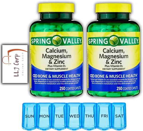 2 cápsulas recubiertas de calcio, magnesio y zinc más vitamina D3 de Spring Valley, paquete de 250 unidades con planificador semanal de píldoras +