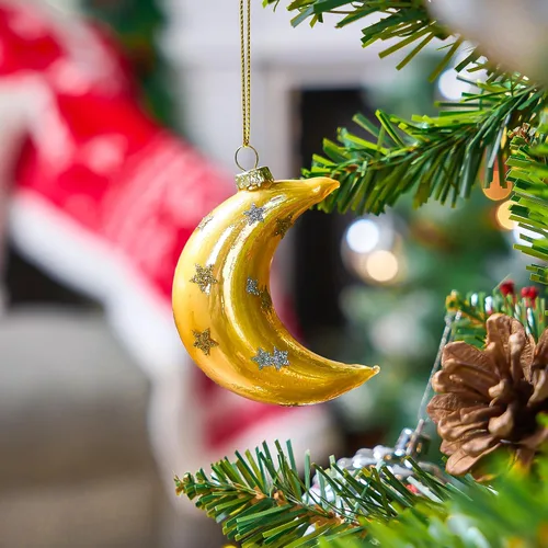 Miniatura 7 de Joiedomi Adornos de luna de Navidad, decoración de luna de vidrio soplado con purpurina para colgar en el árbol, decoración de Navidad al aire