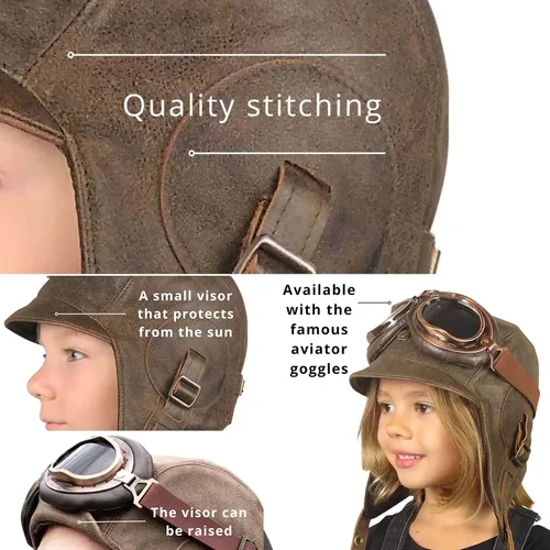 Miniatura 5 de Sombrero de aviador para niños, cuero marrón real, disfraz, casco volador de piloto, sombrero steampunk para niños
