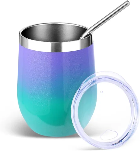 Miniatura 15 de Volhoply - Juego de 12 vasos de vino de 12 onzas con tapa, hechos de acero inoxidable con aislamiento al vacío de doble pared, vasos de vino sin Rosa