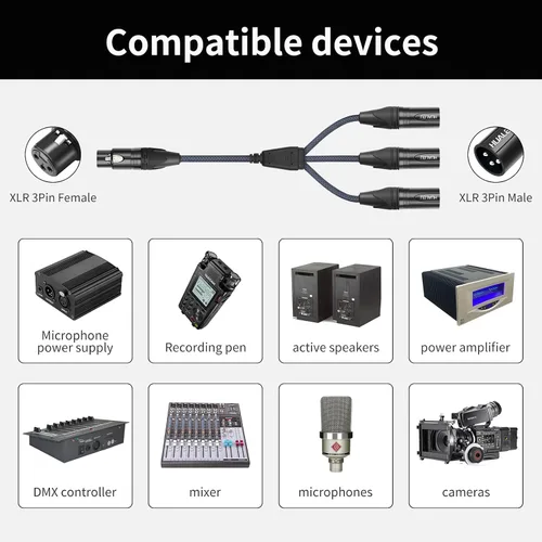 Miniatura 2 de Cable divisor en Y de 3 pines XLR hembra a 3 machos, cable divisor XLR de 3 vías, equilibrio de 1 hembra a 3 macho, cable de audio para micrófono