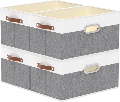Miniatura 20 de Yawinhe Cestas de almacenamiento de tela, organizador plegable de armario para estantes, cajas grandes con 3 asas, contenedores de lona para ropa
